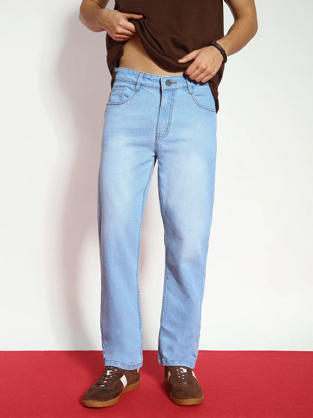 Men's Ice Blue Straight Fit Washed Jeans Stretchable