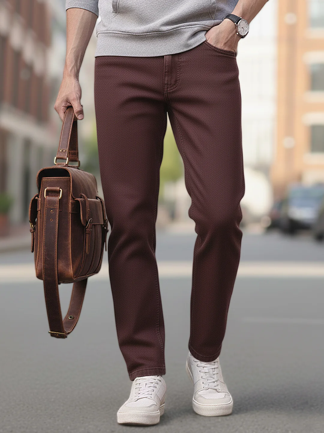 Men's Brown Straight Fit Washed Jeans Stretchable