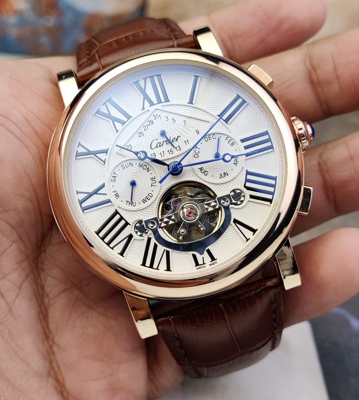 Luxury Automatic Style Men's Analog Watch with Roman Numeral Dial & Brown Leather Strap