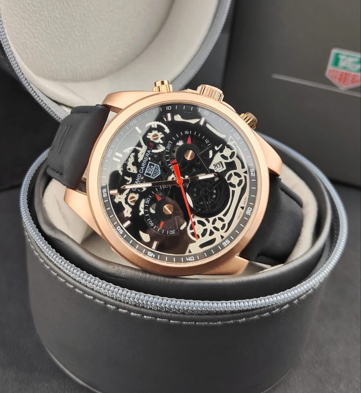 Luxury Skeleton Dial Chronograph Style Men's Analog Watch with Rose Gold Case & Black Strap
