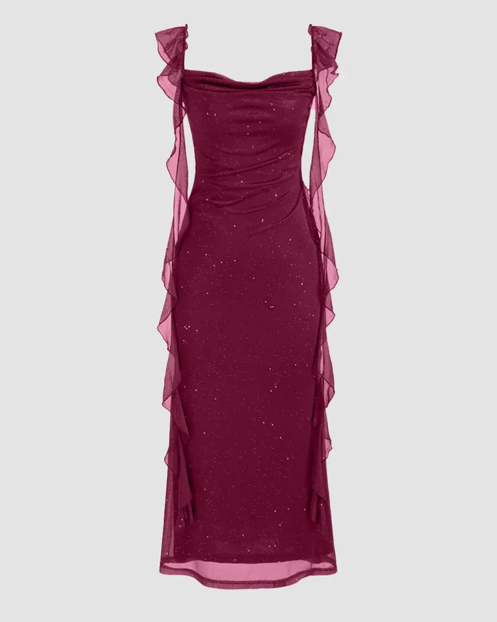 Maroon Square Neck Ruffle Strap Bodycon Midi Dress