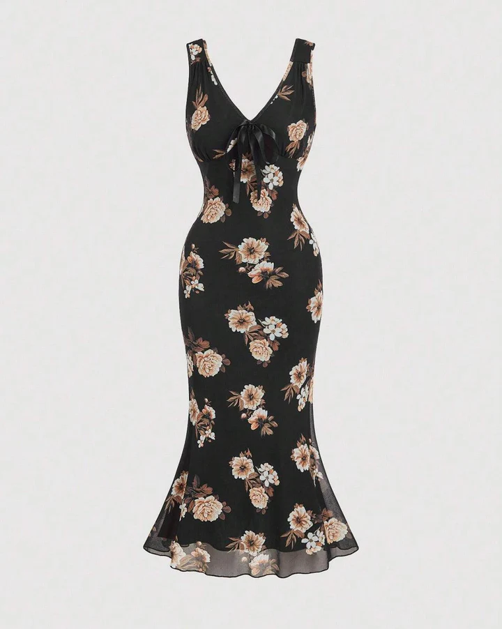 Black Floral Print V-Neck Tie-Up Mermaid Midi Dress