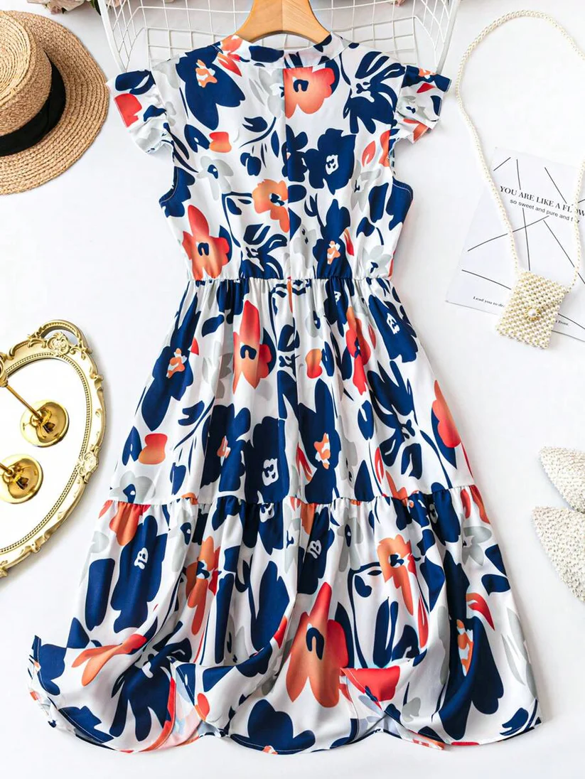Women’s White & Blue Floral Print Fit & Flare Midi Dress