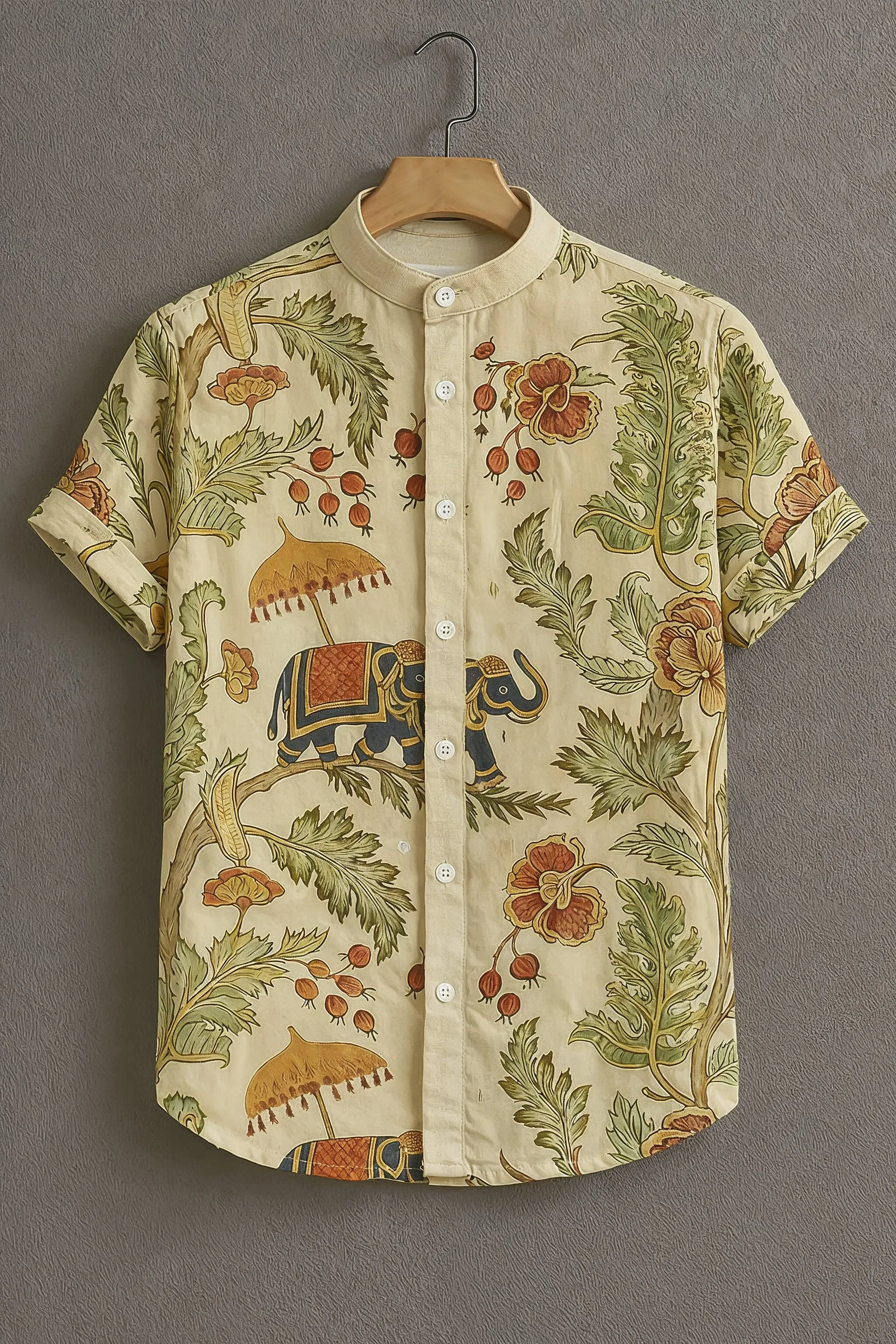  Men's Cream Casual Shirt with Royal Elephant Print