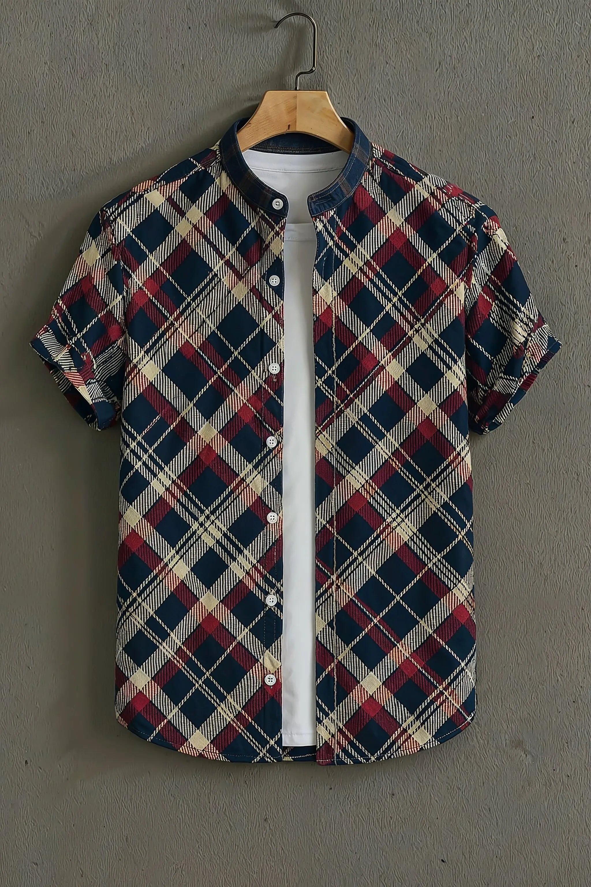 Men's Navy Casual Shirt with Red Check Print